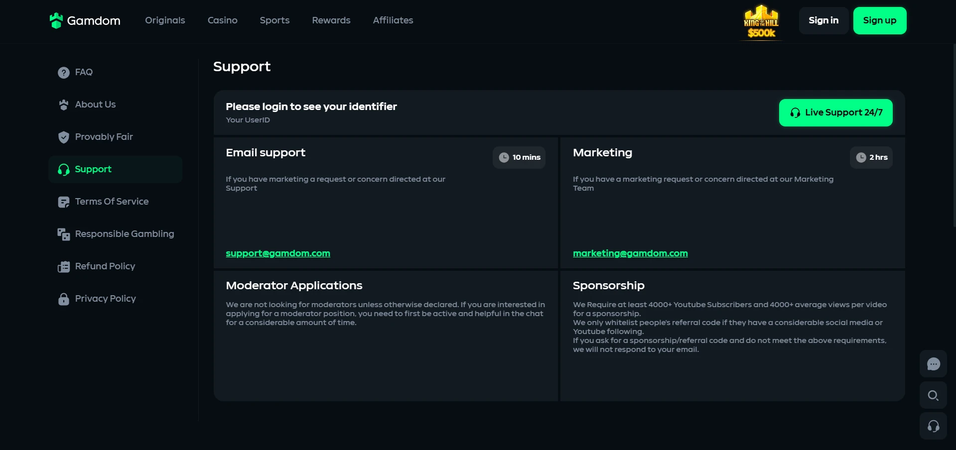 Gamdom support contact screenshot