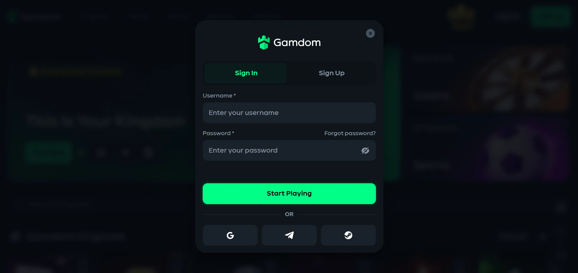 Gamdom login form screenshot