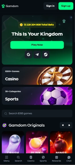 Gamdom mobile site on a smartphone screen